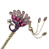 Rhinestone Antique Brass Hair Stick Peacock with Tassels Multi-colored