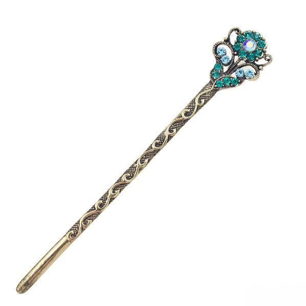 Pink Rhinestone Antique Brass Finish Double-Sided Floral Hair Stick