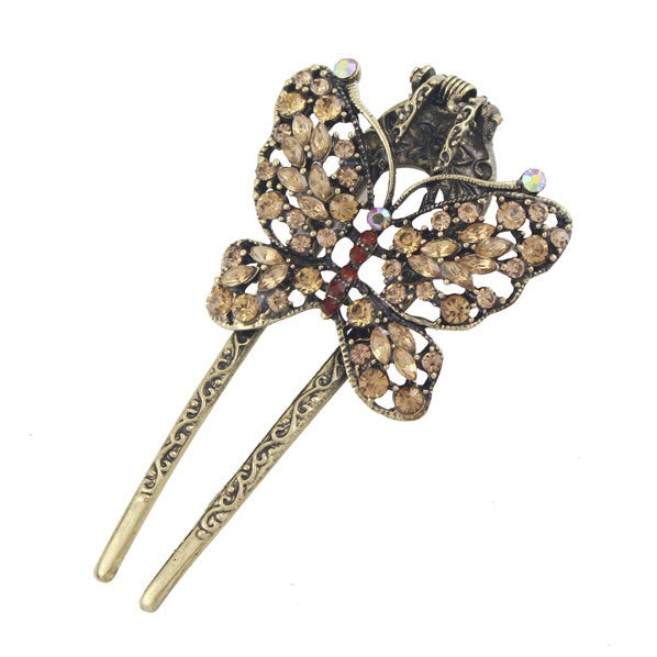 Antique Brass Rhinestone Butterfly Hinged Hair Claw Clip Fork Topaz