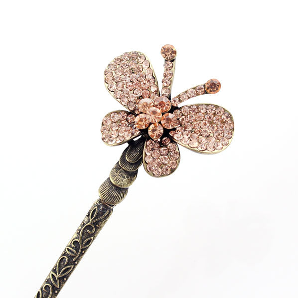 Red Rhinestone Butterfly Antique Brass Finish Hair Stick
