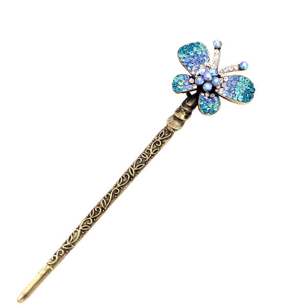 Rhinestone Butterfly Antique Brass Finish Hair Stick