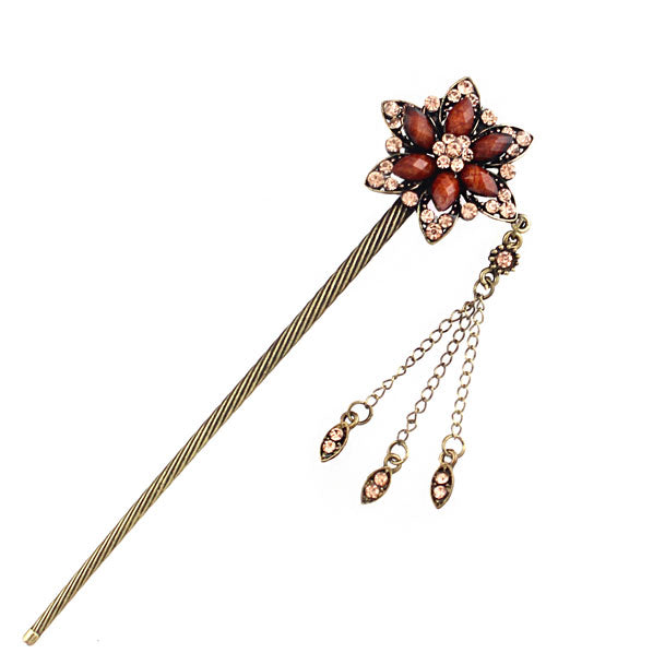Rhinestone Antique Brass Finish Hair Stick Star Flower with Tassels