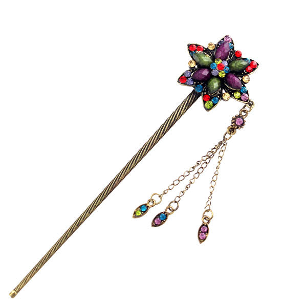 Rhinestone Antique Brass Finish Hair Stick Star Flower with Tassels