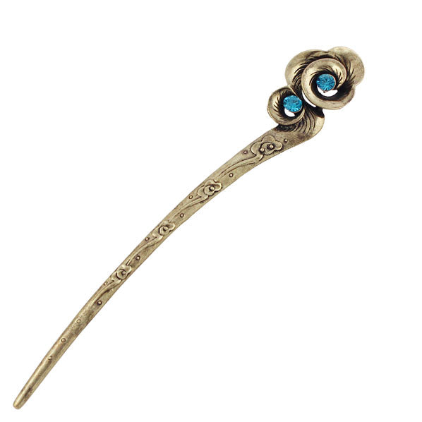 Antique Brass Finish Cloud Hair Stick with Rhinestones Blue