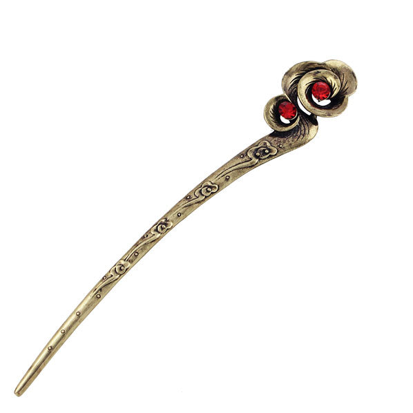 Antique Brass Finish Cloud Hair Stick with Rhinestones Red