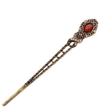 Antique Brass Finish Double-Sided Scepter Hair Stick with Rhinestones Red