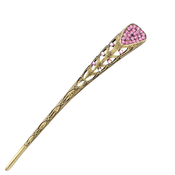 Antique Brass V Shape Hair Stick with Champagne Rhinestones