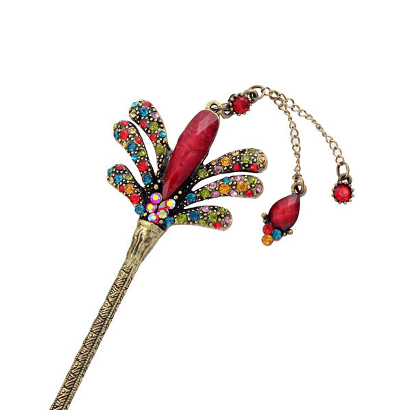 Red Rhinestone Floral Hair Stick in Antique Brass Finish with Tassels
