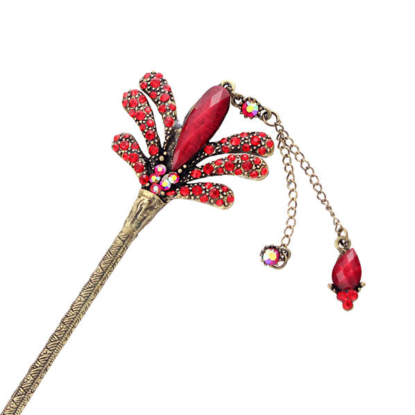 Rhinestone Floral Hair Stick in Antique Brass Finish with Tassels