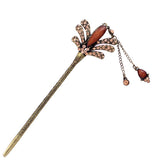 Pink Rhinestone Floral Hair Stick in Antique Brass Finish with Tassels