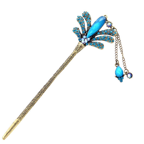 Rhinestone Floral Hair Stick in Antique Brass Finish with Tassels