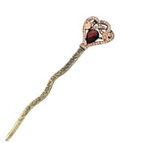 Red Rhinestone Heart Hair Stick in Antique Brass Finish