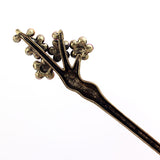 Blue Rhinestone Plum Flower Hair Stick in Antique Brass Finish