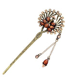 Red Peacock Fringed Hair Stick w/ Rhinestones in Anqitue Brass Finish