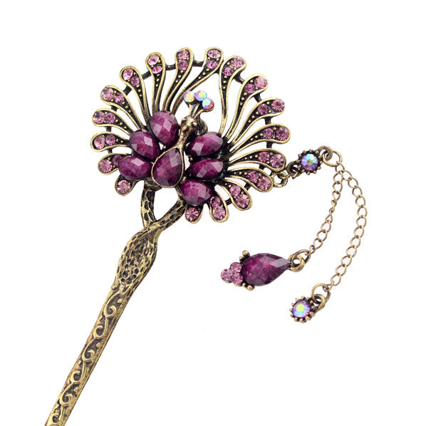 Blue Peacock Fringed Hair Stick w/ Rhinestones in Anqitue Brass Finish