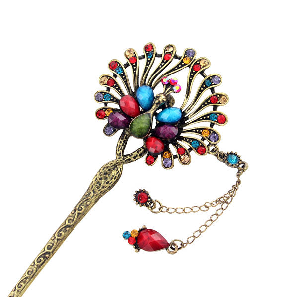 Peacock Fringed Hair Stick with Rhinestones in Anqitue Brass Finish