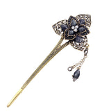 Topaz Rhinestone 3-Petal Flower Antique Brass Hair Stick with Tassels