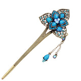 Rhinestone 3-Petal Flower Antique Brass Finish Hair Stick with Tassels