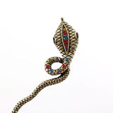 Antique Brass Finish Snake Hair Stick with Blue Rhinestones