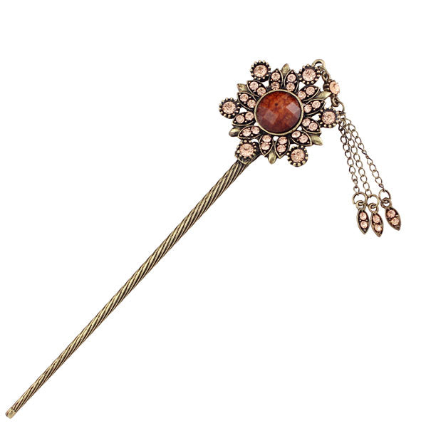 Colorful Rhinestone Antique Brass Hair Stick Circle with Tassels