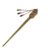 Antique Brass Finish Flat Hair Stick with Rhinestones & Tassels Red