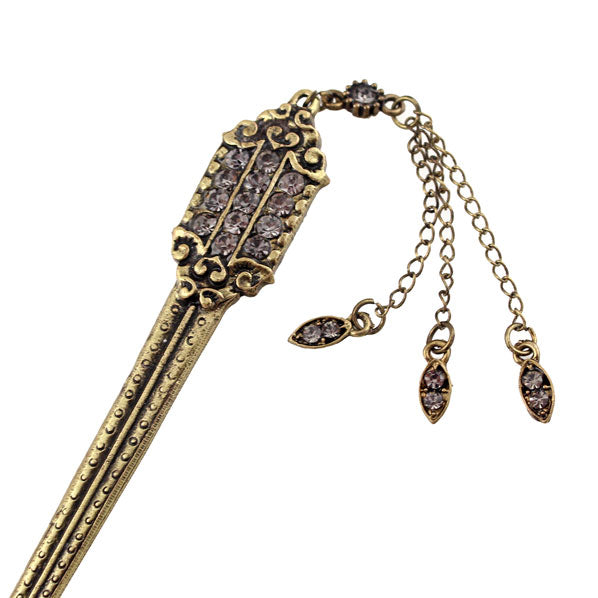 Antique Brass Finish Flat Hair Stick with Rhinestones & Tassels Purple