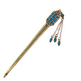 Antique Brass Finish Flat Hair Stick with Rhinestones & Tassels