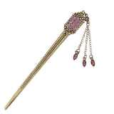 Antique Brass Finish Flat Hair Stick with Rhinestones & Tassels