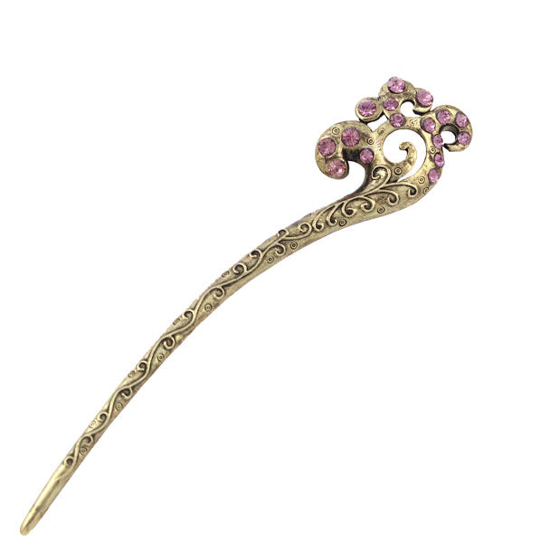 Oriental Pattern Antique Brass Finish Hair Stick with Rhinestones