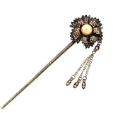 Antique Brass Purple Rhinestone Flower Hair Stick w/ Pearl and Tassels