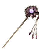 Antique Brass Finish Rhinestone Flower Hair Stick with Pearl and Tassels