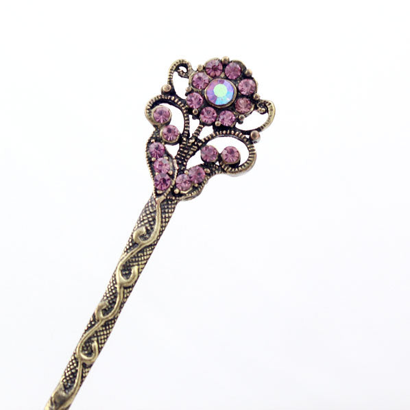 Red Rhinestone Antique Brass Finish Double-Sided Floral Hair Stick