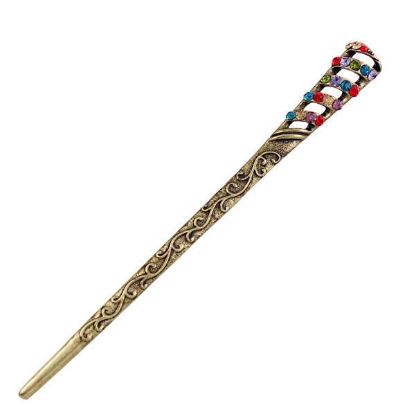 Colorful Rhinestone Antique Brass Finish Hair Stick