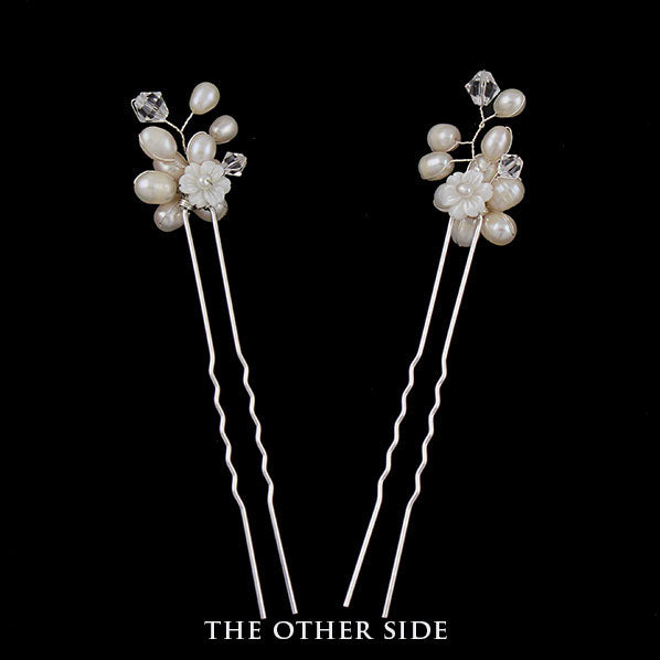 Handmade Double Side Bridal Fresh Water Pearl & Swarovski Crystal Floral Sprig Hairpins [Pair]