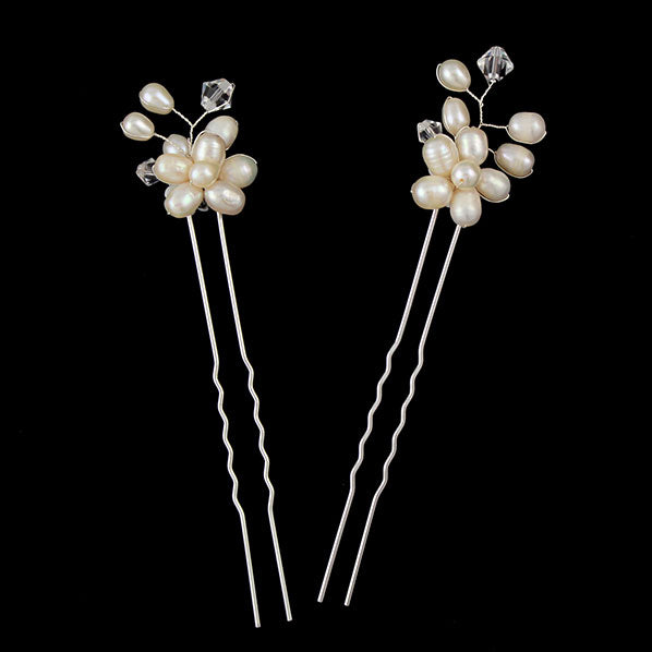Handmade Double Side Bridal Fresh Water Pearl & Swarovski Crystal Floral Sprig Hairpins [Pair]
