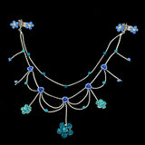 Silver Finish Blue Floral Rhinestone Princess Headlace Browband w/ Roses & Claws