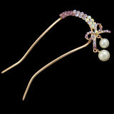 Gold Finish Rhinestone 2-prong Hair Stick Fork w/ Bow & Pearls