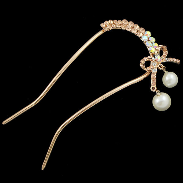 Gold Finish Rhinestone 2-prong Hair Stick Fork w/ Bow & Pearls Champagne