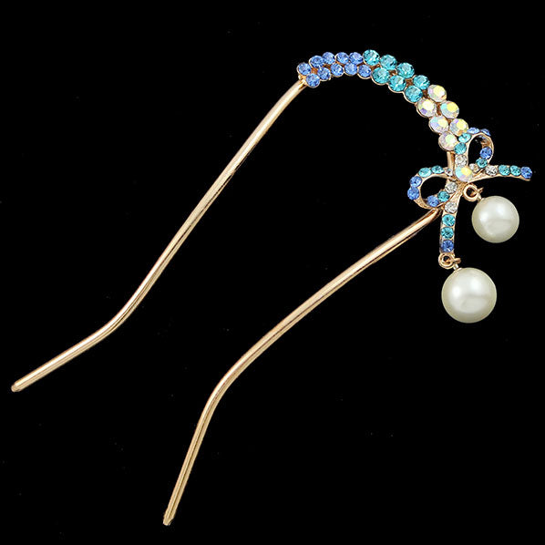 Gold Finish Rhinestone 2-prong Hair Stick Fork w/ Bow & Pearls Blue