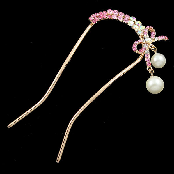 Gold Finish Rhinestone 2-prong Hair Stick Fork w/ Bow & Pearls Pink