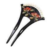 Acrylic 2-Prong Floral Geisha Hair Stick Fork w/ Pearls Black