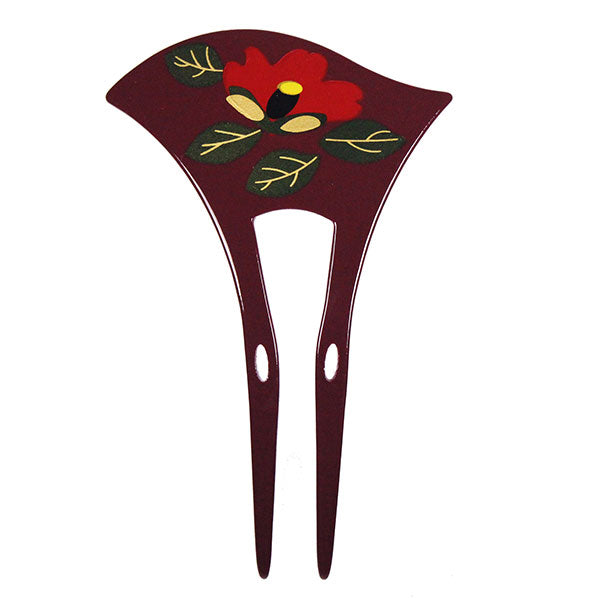 Acrylic 2-Prong Red Flowers Geisha Hair Stick Fork Burgundy