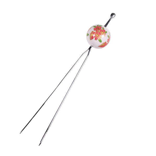 Geisha Earpick Style 2-Prong Metal Hair Stick Fork w/ Large Floral Bead White