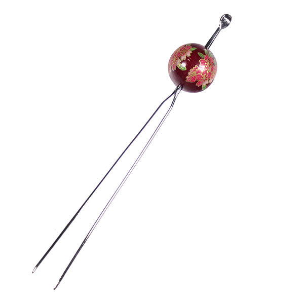 Geisha Earpick Style 2-Prong Metal Hair Stick Fork w/ Large Floral Bead Burgundy