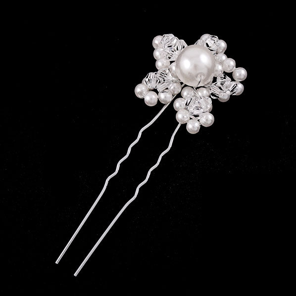 Wedding Floral 2-Prong Hairpin w/ Glass Pearls and Crystal Beads [Pair]