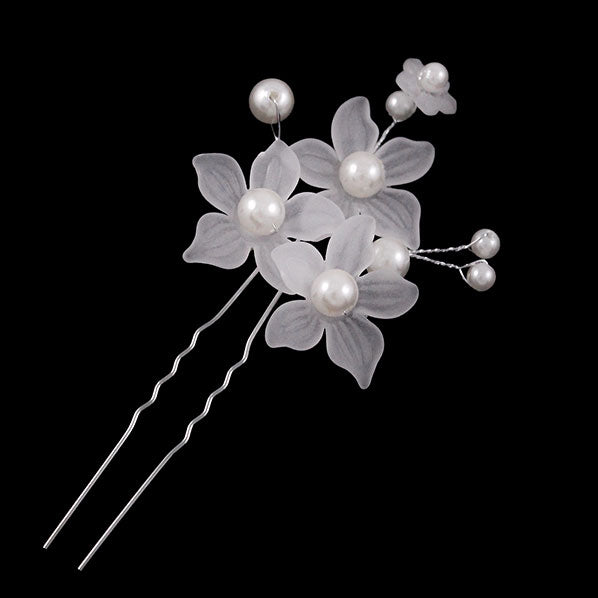 Handmade 2-Prong Hairpin w/ Frosted Acrylic Flowers Sprigs Glass Pearls B [Pair]