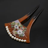 Acrylic 2-Prong Geisha Hair Stick Fork with Raised Flowers and Pearls Brown