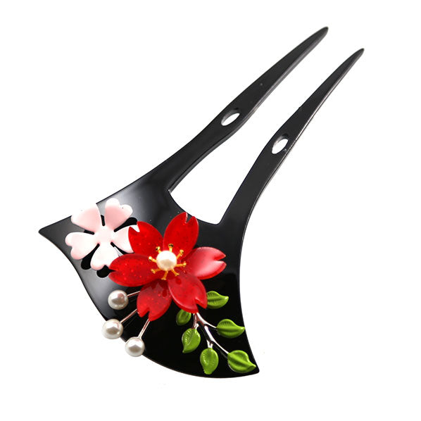 Black Acrylic 2-Prong Geisha Hair Stick Fork with 3D Flowers and Leaves