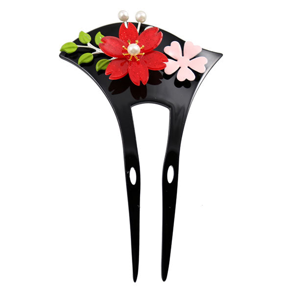 Black Acrylic 2-Prong Geisha Hair Stick Fork with 3D Flowers and Leaves