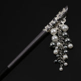Black and Silver Chopstick Hairstick with Faux Pearls Tassels